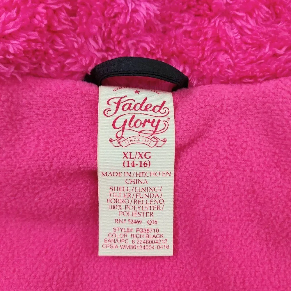 Faded Glory Puffer Jacket Youth XL 14/16 Black Pink Hooded Full Zip Fleece Warm